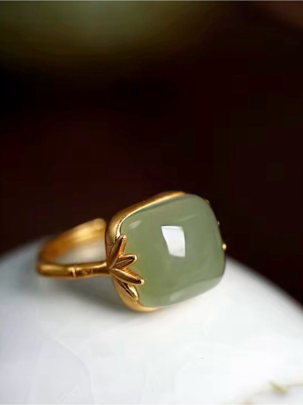Gold Jade Square Cocktail Ring - Green Gemstone